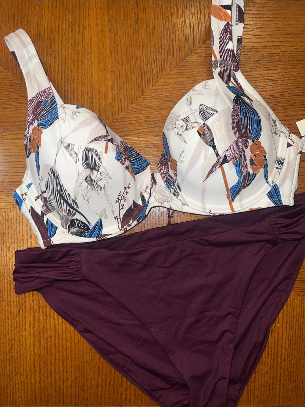 Calia Floral Print Underwire Bikini Top 34DD with Becca Deep Plum Bottoms B32